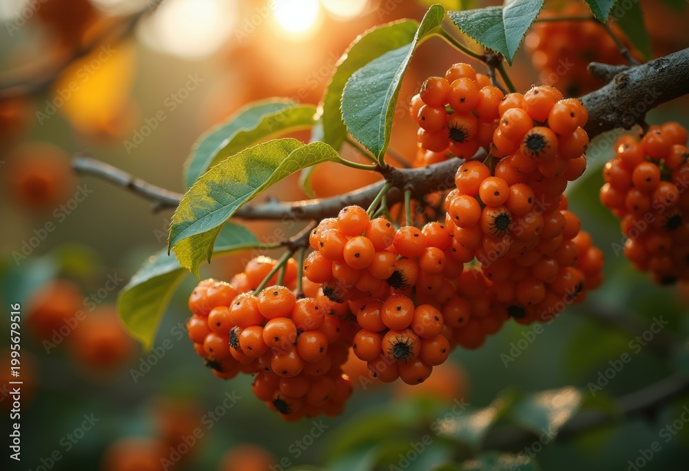 Fototapeta premium Rowan Berry Bunches Autumn Vibrance Berries Clusters Rustic Tones Tree Habitat Scenic Wonderland