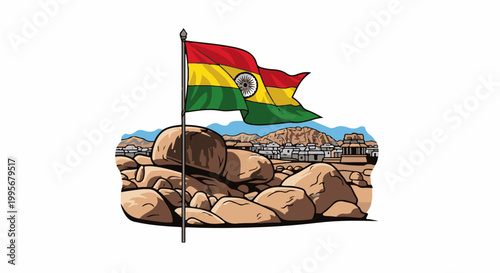 Waving tricolor flag flies above rocky terrain with village settlement