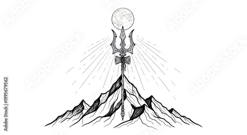 Trishul on Mountain Peak Under Full Moon, Hindu God Shiva Symbol, Spiritual Power