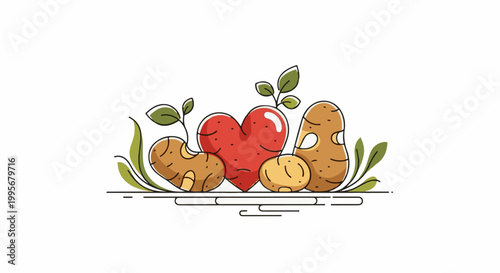 Whimsical arrangement of root vegetables and a heart shape with sprouting leaves
