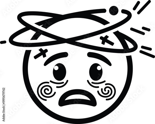 A black and white line drawing of a dizzy confused face with swirling lines indicating disorientation and distress