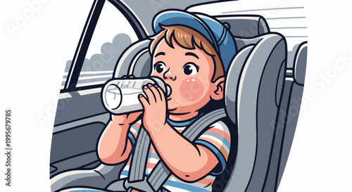 Young child wearing blue cap drinks from bottle in car seat