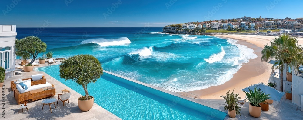 Fototapeta premium Luxury terrace with infinity pool overlooking Bondi Beach ocean waves and coastal skyline