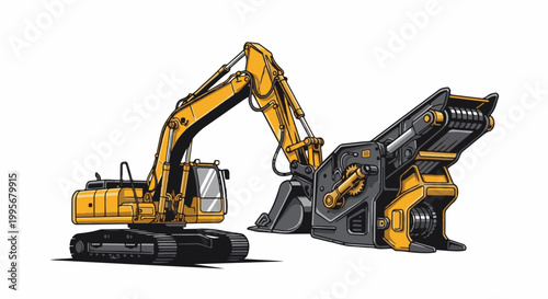 Yellow tracked excavator with a large grey and yellow attachment