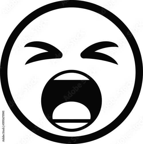 Black and white line drawing of a face expressing a loud open mouthed scream or yell of surprise