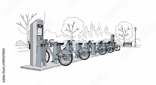 Urban bike-share station with docked bicycles, park setting with city skyline backdrop