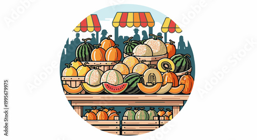 Vibrant outdoor market stall overflowing with an assortment of fresh melons and pumpkins