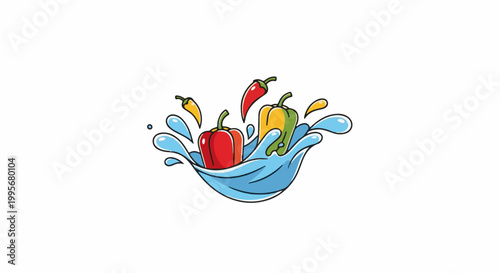 Vibrant peppers splashing in a stylized water wave, red, yellow, green