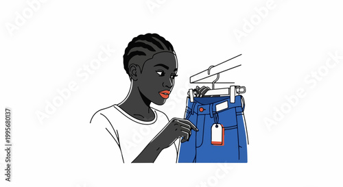 Woman examining blue denim jeans on a hanger with a price tag