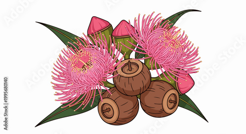 Vibrant pink bottlebrush flowers, green leaves, and woody brown gumnuts on a white background