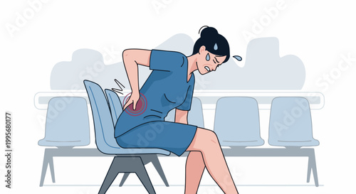 Woman experiencing back pain while sitting in a waiting room chair, showing discomfort