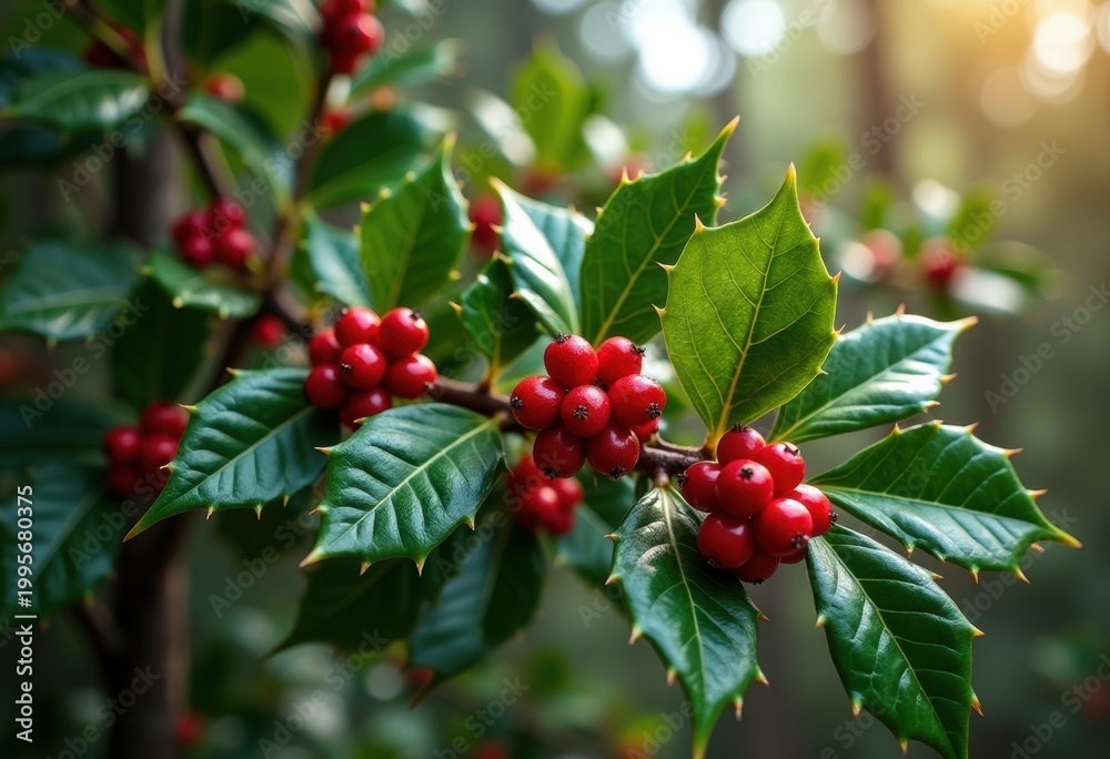 Fototapeta premium Vibrant Holly Tree with Thorny Green Leaves and Brilliant Red Berries in Serene Forest