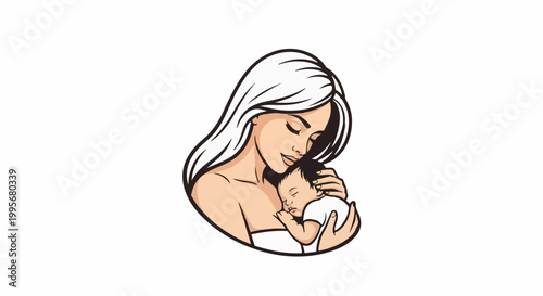Woman holding a sleeping baby, embracing with affection and tenderness