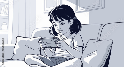 Young girl engrossed in playing a portable video game console on a comfortable couch