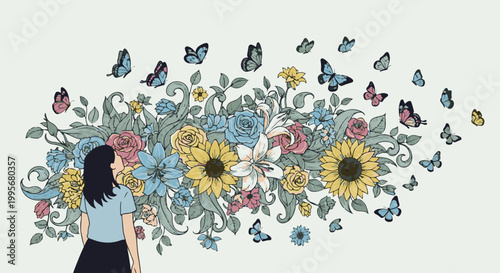 Woman gazes at vibrant floral explosion with fluttering butterflies