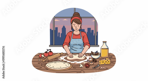 Woman in apron kneads dough for pizza, ingredients on table, city skyline visible
