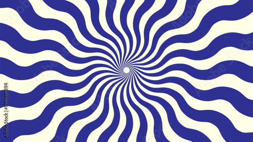 Vibrant blue and cream radial sunburst pattern with swirling, psychedelic waves creating an energetic and retro background