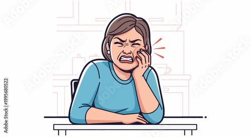 Woman in blue shirt grimacing with hand on cheek, indicating pain or discomfort