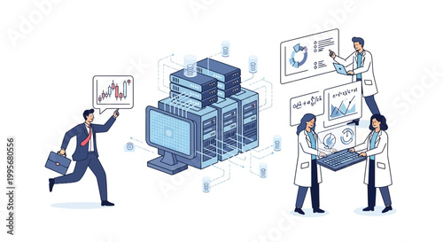 Data analysis and technology illustration with scientists and businessman