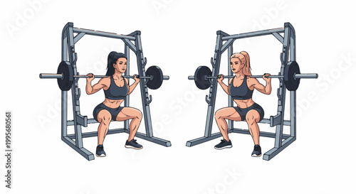 Two pixel art women perform barbell squats in smith machines on a white background
