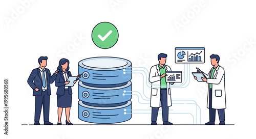 Data management illustration business team and scientists analyzing data