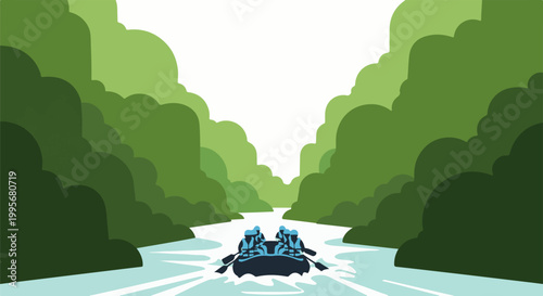 Two people raft down a river surrounded by green hills