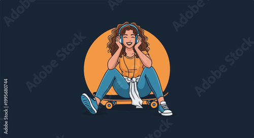 Young woman in headphones sits on skateboard, enjoying music with eyes closed