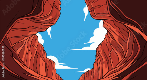 Vibrant red canyon walls frame a bright blue sky with fluffy white clouds