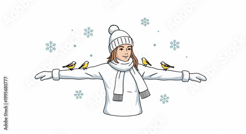 Young woman in winter attire with birds perched on outstretched arms amid snowflakes