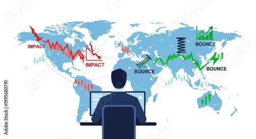 Global finance analysis world map with fluctuating stock charts and data