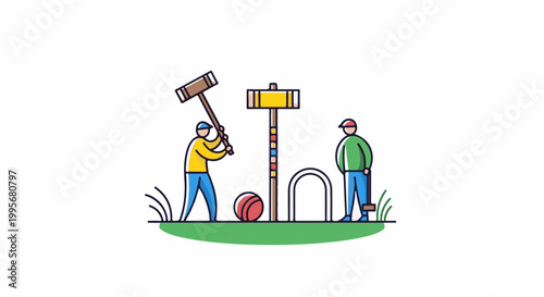 Two people play a lawn game with mallets, a ball, and wickets on a green field