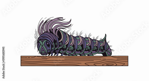 Whimsical, segmented creature with feathery antennae on a wooden plank