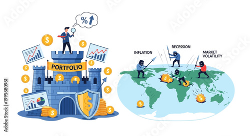 Investment portfolio protection concept against inflation recession market volatility