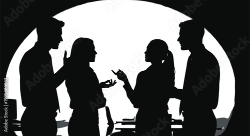 Business people silhouettes having discussion and conversation in office environment representing teamwork communication negotiation and professional interaction isolated on white background