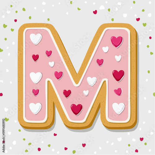 Gingerbread Letter M with Pink Icing and Hearts