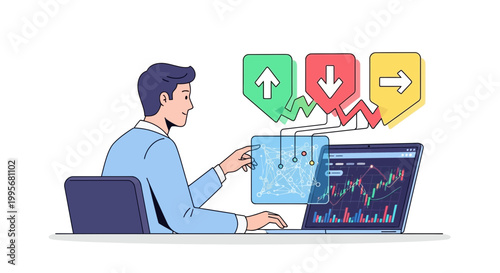 Man analyzing financial data on laptop with trend indicators