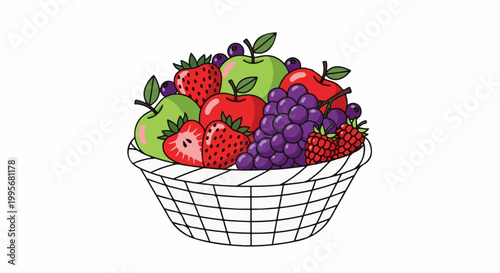 Vibrant assortment of fresh fruits, including apples, strawberries, grapes, blueberries, and raspberries, artfully arranged in a woven basket