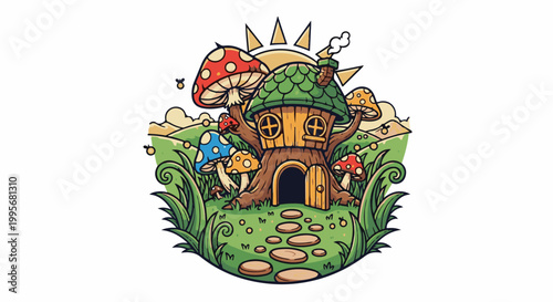 Whimsical woodland scene featuring a cozy treehouse home surrounded by colorful mushrooms and rolling hills under a bright sun