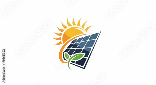 Vibrant sun illuminates a solar panel with a green sprout, symbolizing clean energy