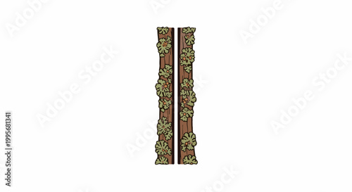 Two vertical brown logs covered in light green lichen with orange specks