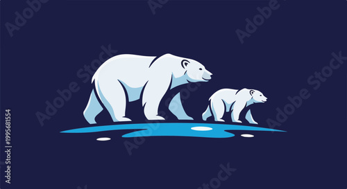 Two white polar bears walking on blue ice with a dark blue background