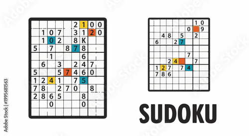 Two sudoku puzzles of varying difficulty, one with colored highlights, and the word "SUDOKU