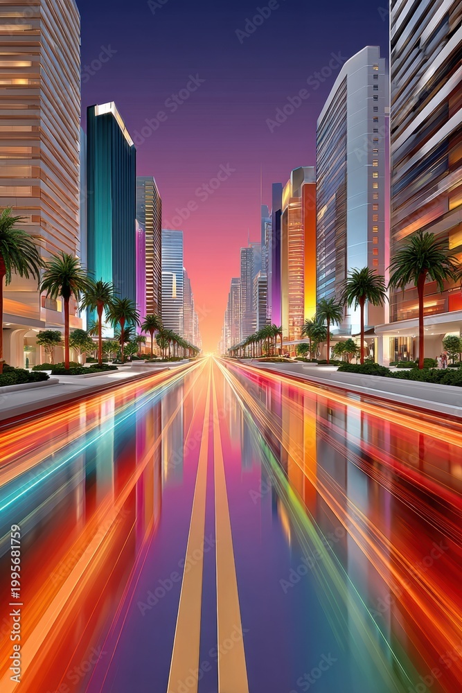 Fototapeta premium Endless neon highway through a modern city at sunset with glowing light trails and palm trees