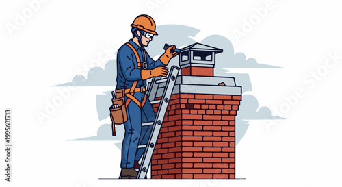 Worker in hard hat and harness inspects brick chimney from ladder, surrounded by clouds