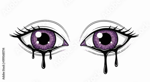 Two stylized purple eyes with black pupils and eyelashes, weeping black liquid tears