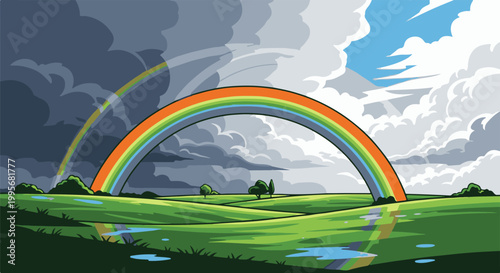 Vibrant double rainbow arches over a green countryside with scattered puddles after a storm