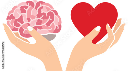 Human hands holding pink brain and red heart symbols representing balance.