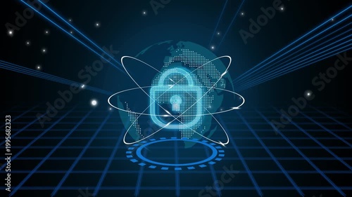 Futuristic cyber security concept: glowing padlock over digital globe with orbit lines, laser beams, and grid floor in blue neon sci-fi style.