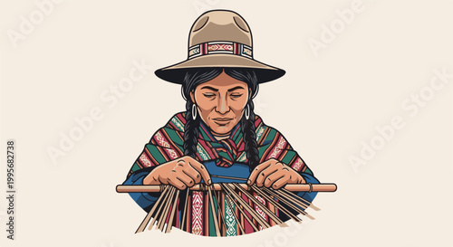 Woman wearing traditional hat weaves colorful fabric