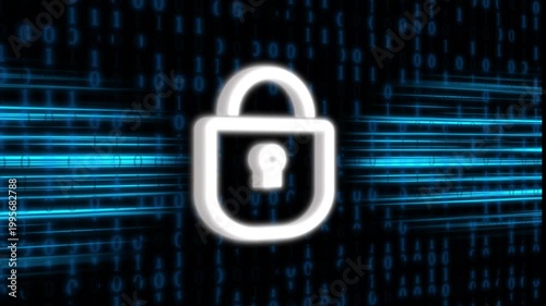 Glowing white padlock icon over blue binary code and data lines, representing cybersecurity, encryption, privacy protection, and secure network access.